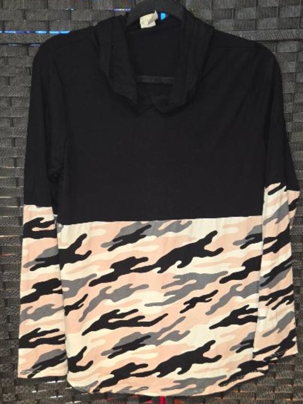 Sew In Love Cowl Neck Camouflage Patchwork Pullover